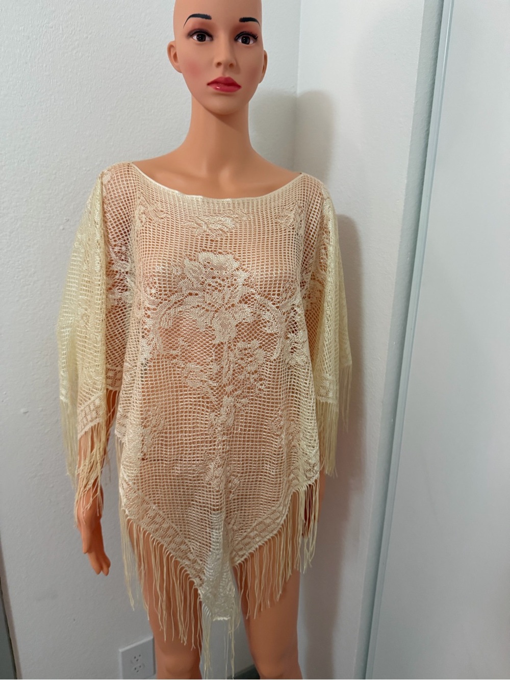 Yellow Crochet Lace Fringe Boho Beach Cover Up One Size